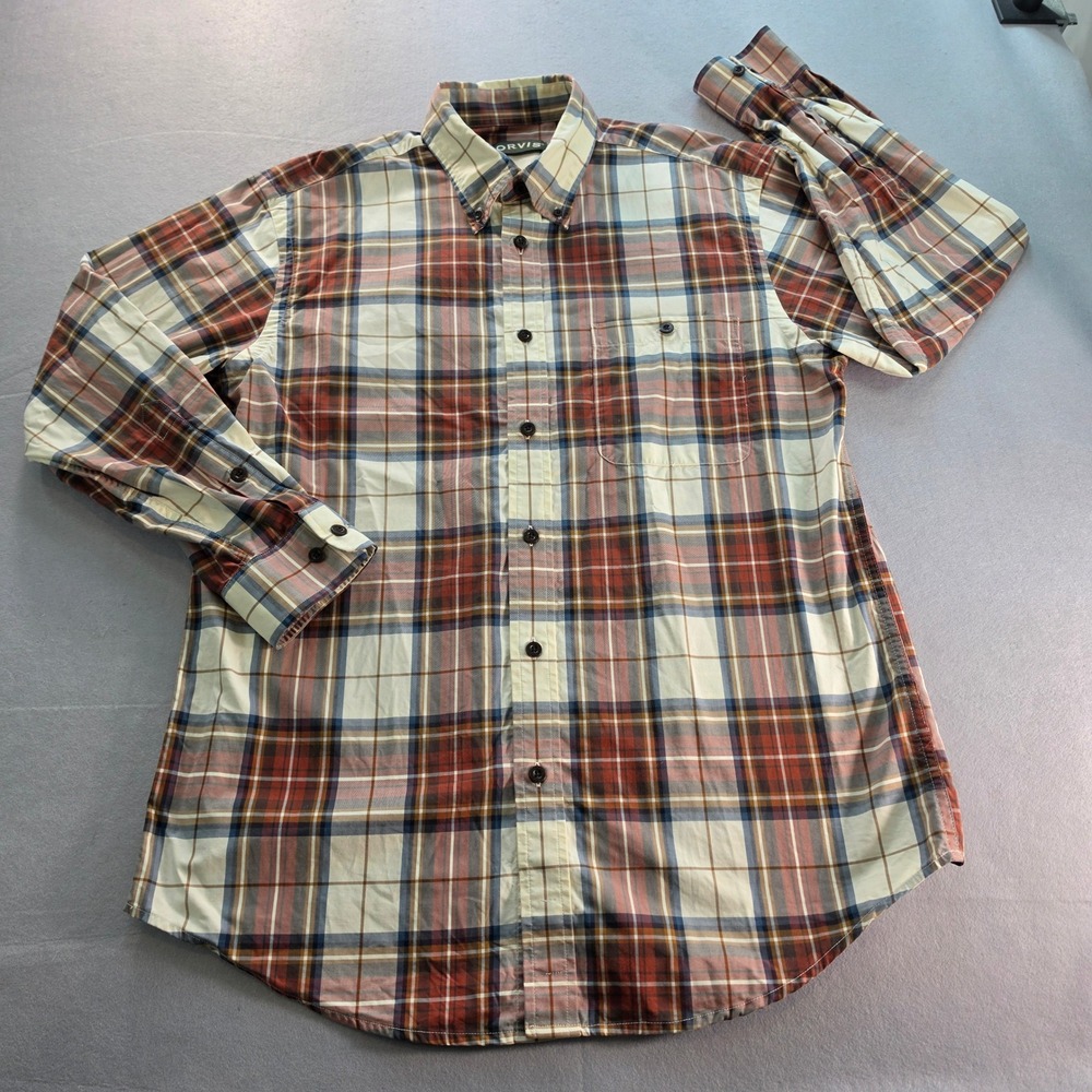 Orvis Mens Large Red Blue Plaid Button Down Shirt Cotton Long Sleeve Outdoors